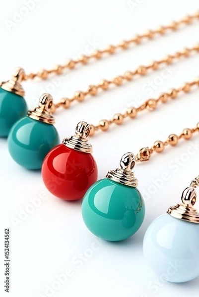 Fototapeta A vibrant collection of colorful pendants on delicate chains, showcasing a playful blend of red, teal, and white, perfect for stylish accessorizing.