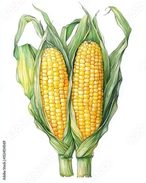Fototapeta A vibrant illustration of two ears of corn, showcasing rich yellow kernels and green husks, representing fresh produce and healthy eating.