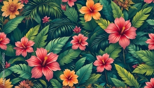 Fototapeta Colorful seamless floral pattern with tropical flowers and leaves, ideal for textile, wallpaper, packaging, and surface design.