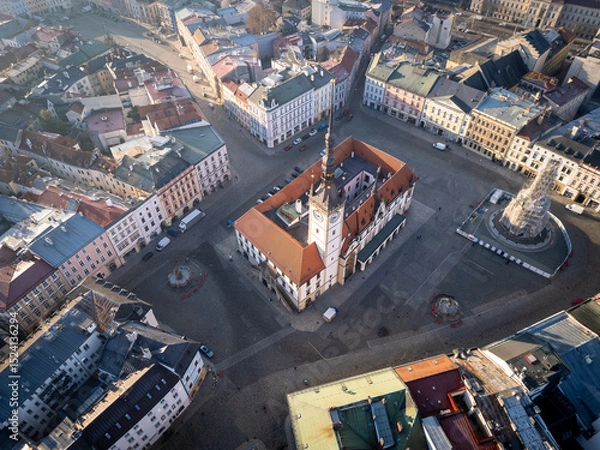 Fototapeta Olomuc, Czech Republic: Aerial view of the famous Olomuc city hall with the Astronomical Clock in the old town upper square in Moravia.