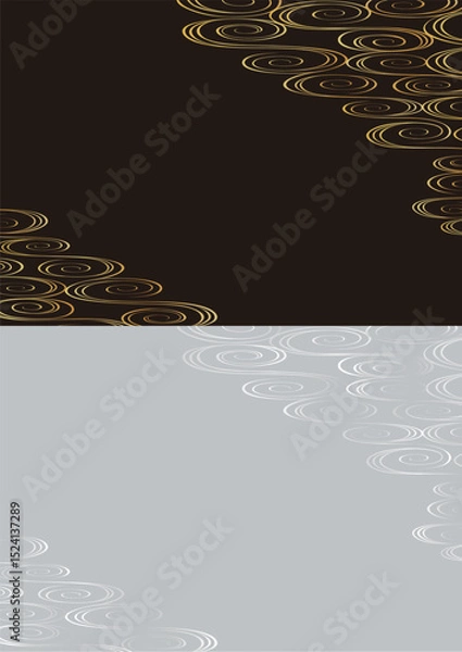 Obraz 和風.の流水文様.　黒背景、金色の渦巻模様.　灰色背景、灰色渦巻模様。