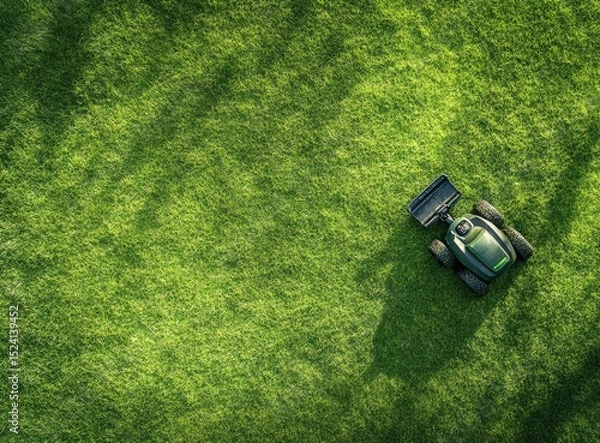 Obraz Aerial view of robotic lawnmower on a lush green lawn.