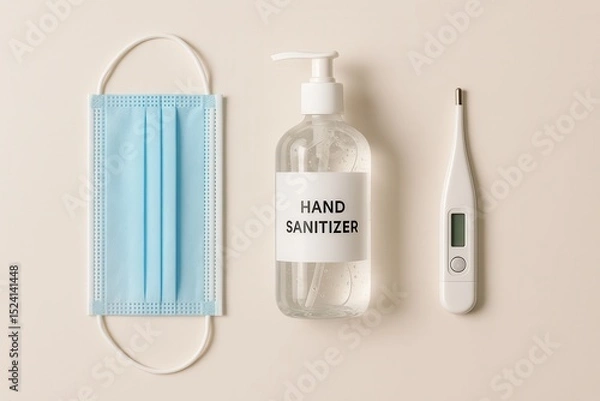 Fototapeta Flat lay of face mask, hand sanitizer, and thermometer for health check