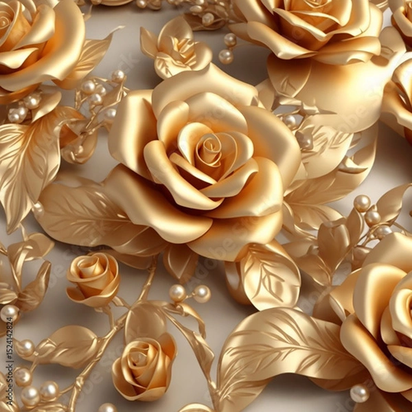 Fototapeta Seamless 3D Gold Roses and Pearls Pattern