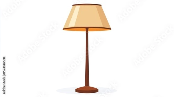 Fototapeta A tall, slender floor lamp with a wide, light beige, bell-shaped shade and a dark brown, cylindrical base sits on a small, light-colored circular base against a white background