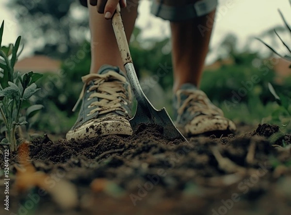 Obraz Close-up of child's feet in muddy shoes using a small shovel to cultivate soil in a garden.