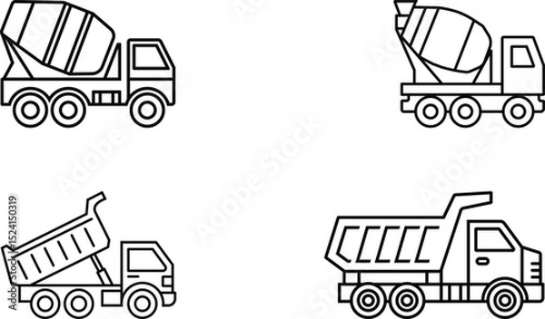 Fototapeta Minimalist Line Icons of Dump Trucks and Cement Mixer vehicles