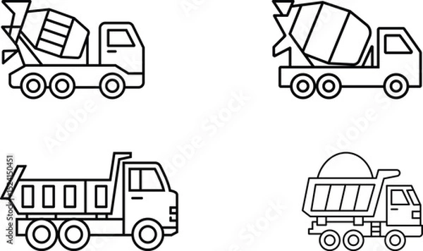 Fototapeta Minimalist Line Icons of Dump Trucks and Cement Mixer vehicles