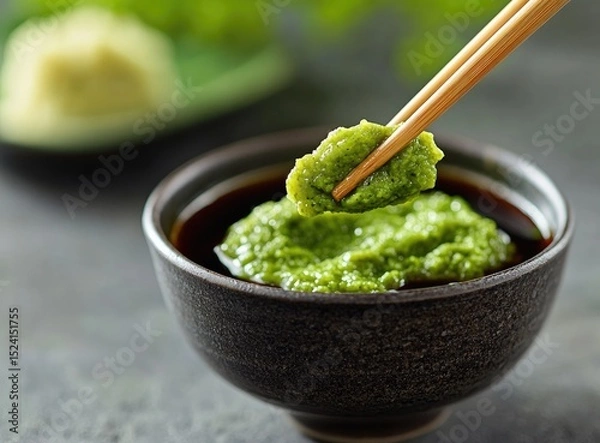 Obraz Close-up of wasabi paste being lifted from a bowl of soy sauce with chopsticks.