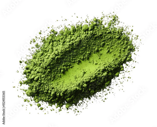 Fototapeta Close-up of vibrant green matcha powder, scattered in a slightly oval shape, with a hollowed-out center and dark background