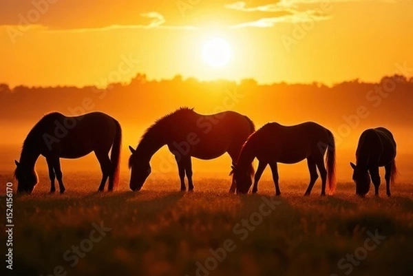 Obraz Grazing Horses at Sunset