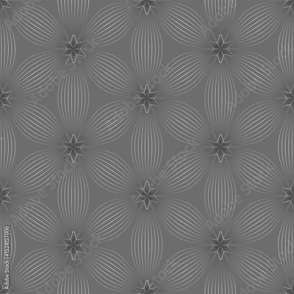 Fototapeta Monochrome vector geometric seamless pattern with floral silhouette, curved lines. Repetitive texture.