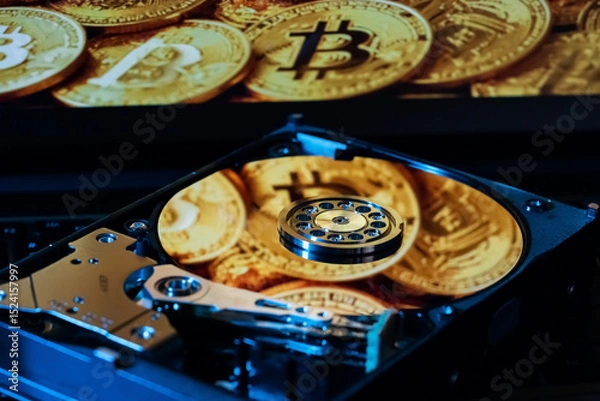 Fototapeta An open hard drive with reflections of gold Bitcoin coins on its surface