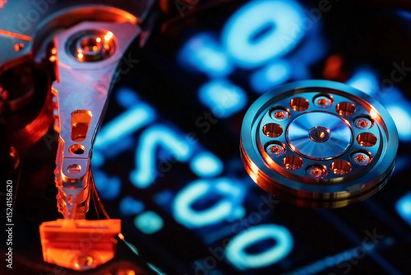 Fototapeta A hard disk with a blue binary code