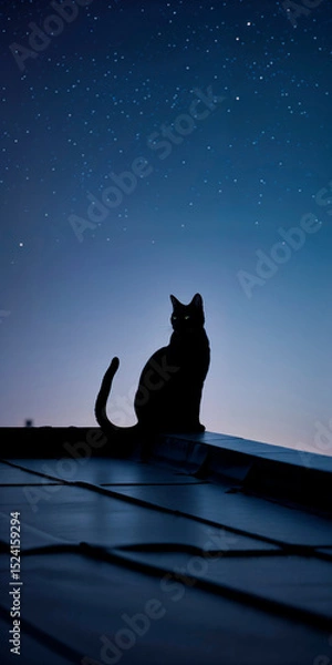 Fototapeta Silhouette of Cat Sitting on Rooftop Under Starry Sky