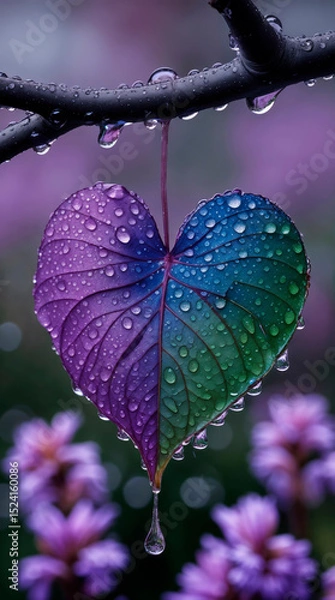 Fototapeta Rainbow Heart-Shaped Leaf with Dew Drops