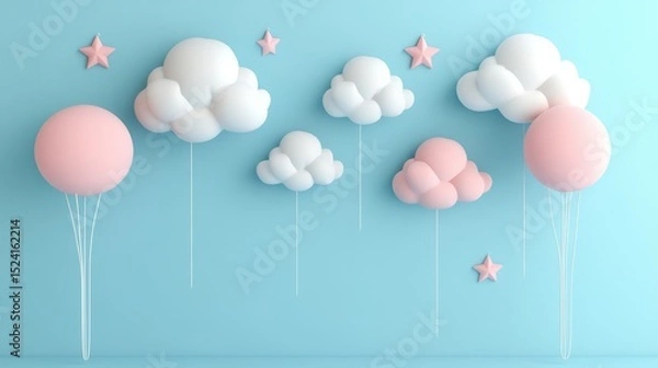 Fototapeta Pastel Cloud Balloons and Stars 3D Render, Balloon, Cloud
