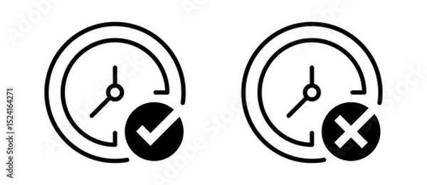 Obraz Conjunto de iconos de relojes con decisiones. Tiempo aprobado y rechazado. Reloj con marca de verificación y reloj con símbolo de x. Ilustración vectorial