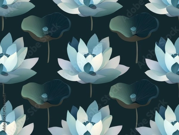 Fototapeta Serene Teal Lotus Flower Seamless Pattern, Botanical Illustration, Floral Design. Lotus, Pattern
