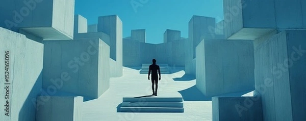 Fototapeta Silhouette in Blue Concrete Maze, Minimalist Architecture, Futuristic Design, Abstract Minimalism, Architecture