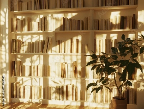 Fototapeta Sunlit Bookshelf with Plant, Cozy Reading Room Decor, Book Collection Bookcase, Home Library