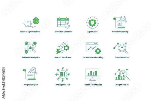 Fototapeta Business Intelligence and Analytics Icon Set. Process Optimization, Agile Cycle, Workflow Calendar, Trend Detection, Dashboard Metrics