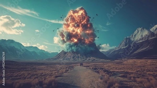 Fototapeta Volcanic Eruption Landscape Mountain Explosion, Dramatic Sky, 3D Render, Volcano, Explosion