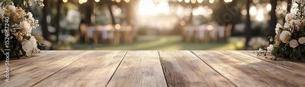 Fototapeta Wooden Table with Wedding Flowers and Garden Background, rustic, event