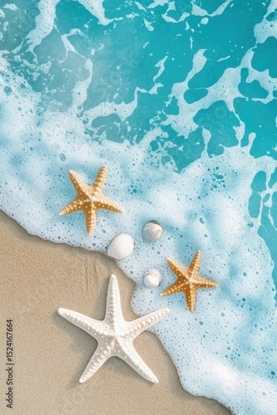 Fototapeta Starfish and Seashells on Sandy Beach with Ocean Wave Foam Top View