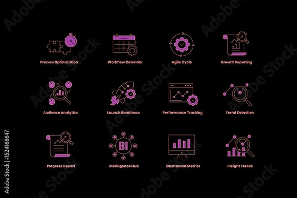 Fototapeta Business Intelligence and Analytics Icon Set. Agile Cycle, Performance Tracking, Dashboard Metrics, Insight Trends, Data Visualization