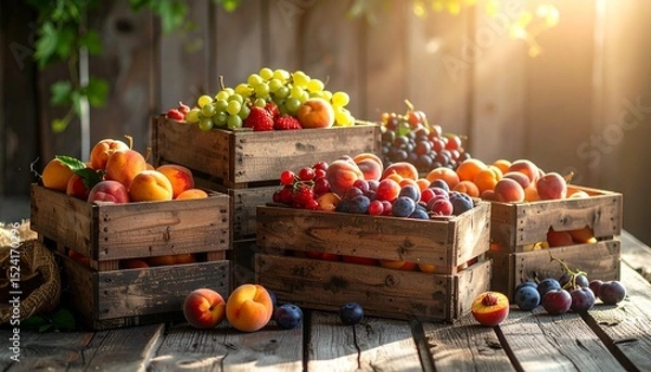 Obraz Wooden crates filled with fresh fruits including grapes, peaches, plums, and berries, displayed outdoors on a rustic wooden table under warm sunlight.