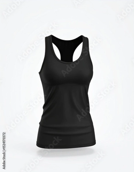 Obraz A sleek, black women's athletic tank top with a racerback design, fitted cut, and smooth texture, displayed against a plain white background.