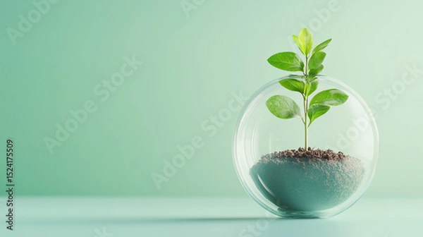 Fototapeta A vibrant green sprout growing in a clear glass container, symbolizing growth and environmental awareness.