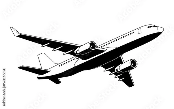 Fototapeta A Black and White Minimalist Illustration of an Airplane Taking Off A Vector Graphic