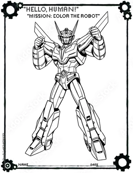 Fototapeta Printable coloring page featuring a detailed robot character in a bold outline style. Fun STEM-themed activity for kids and classrooms.	
