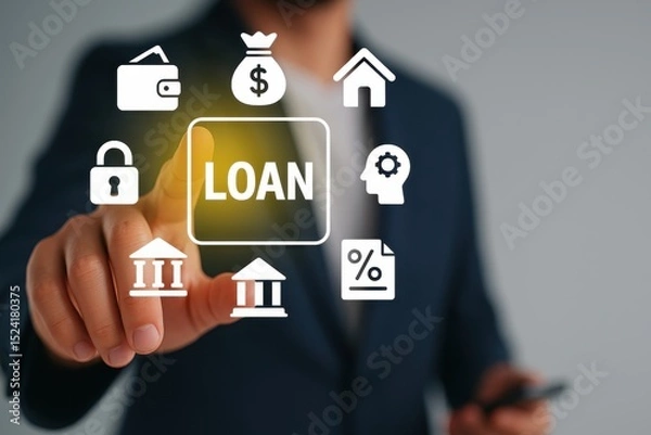 Obraz Businessman Selecting Loan Icon with Graphical Symbols on Screen