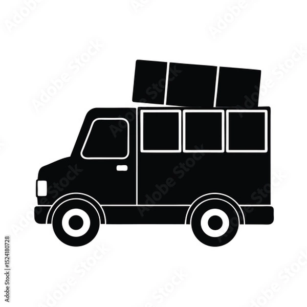 Fototapeta Black and white vector illustration of a retro style campervan loaded with luggage
