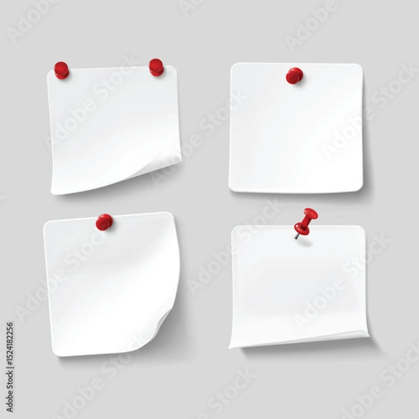 Fototapeta Collection of various white note papers with curled corner, pinned red pushbutton, ready for your message. Vector illustration. Isolated on white background. Front view. Top view. Close up.