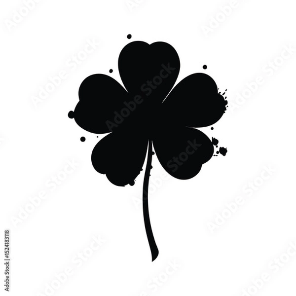 Fototapeta Black silhouette of a four leaf clover with paint splatter design on white background