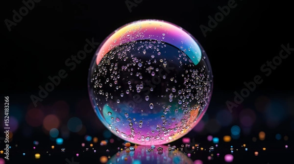 Fototapeta Beautiful soap bubble with rainbow colors and water droplets on dark background