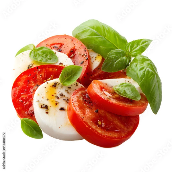 Obraz Vibrant caprese salad featuring fresh tomatoes, mozzarella, and basil, isolated on black background.