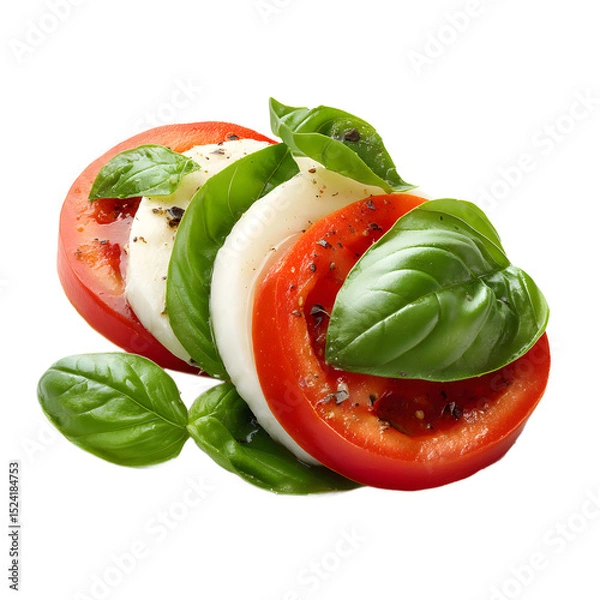 Obraz A vibrant Caprese salad glistens, featuring ripe tomato slices, mozzarella, and fresh basil leaves.