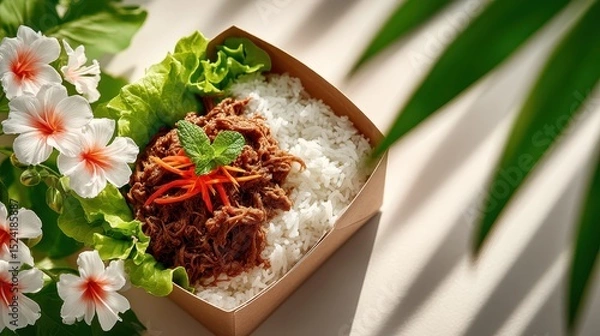 Fototapeta Close-up of a well-packaged meal inside a box ready for delivery featuring fresh ingredients and thoughtful presentation