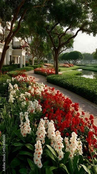 Fototapeta Serene Pathway with Red and White Flowers through Lush Greenery and Modern Architecture Creating Peaceful Visuals.