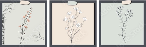 Fototapeta Delicate floral illustrations featuring various flowers on soft pastel backgrounds evoke sense of tranquility and beauty