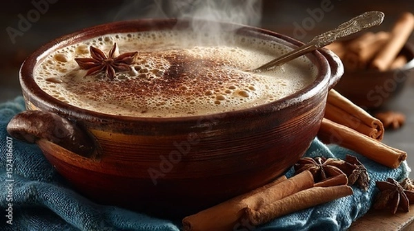 Fototapeta Steaming Creamy Beverage with Cinnamon and Star Anise in Rustic Bowl: Cozy Drink Still Life Composition.