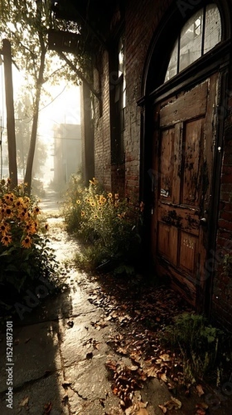 Fototapeta Sunlit Pathway with Flowers Leading to an Old Brick Building and Wooden Door, Evoking a Sense of Mystery.