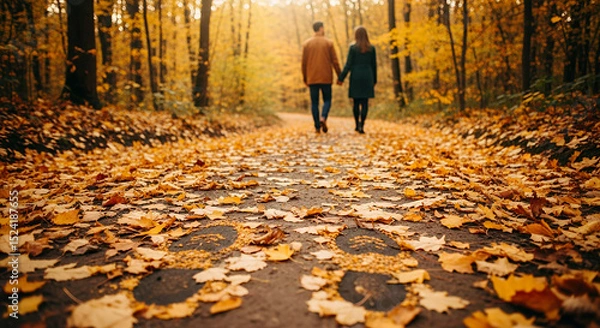 Fototapeta Couple walking hand-in-hand on a leaf-covered path in an autumn forest during sunset