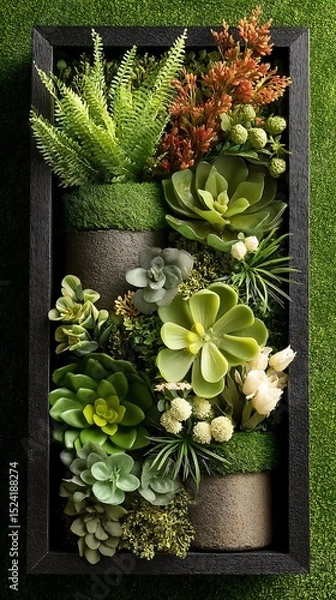 Fototapeta Vertical framed botanical arrangement with various plants, greenery, moss, and textures providing a vibrant nature inspired decor element.