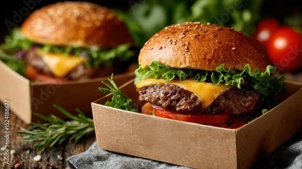 Fototapeta Delicious hamburger with juicy tomato served alongside in open delivery box featuring gourmet food presentation